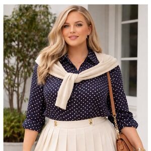 NWT J.Jill Wearever Collection XL Navy Cream Polka Dot Button ‎ Blouse Business